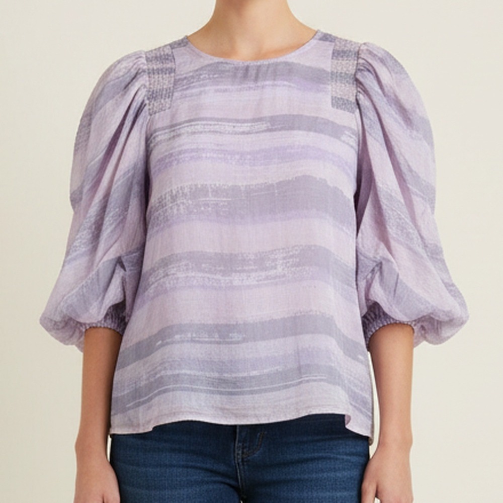 Entro NWT Lilac Purple Brushstroke Stripe Puff Sleeve Blouse Boho Women S